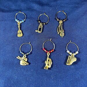 Set Of 6 Musical Instrument Wine Glass Charms - Guitar Piano Drum & More - Beade